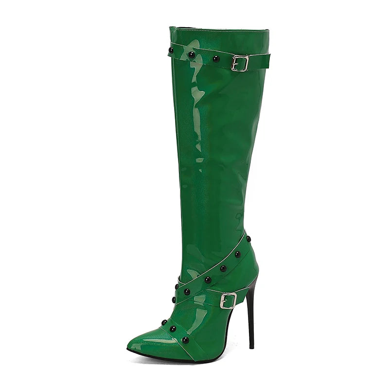 Plus Size Cross Fine Strap Buckle Rivet Side Zipper Pointed Ultra-High Slim Heel Knee Boots Punk Style Belt Buckle New Boots