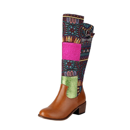 Plus Size Ethnic Style Printed Fabric Patchwork PU Women's Knee High Boots With Color Blocked Geometric Patterns Breathable Boot