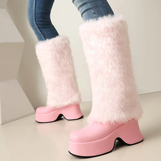 Flanged Fur Splicing PU Thick Plush Lining Snow Boots