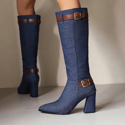 Plus Size Round Metal Belt Buckle Denim Material Knight Boots With Pointed High Thick Heels Women's Knee High Boots