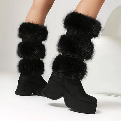 Matte Velvet Patchwork Fur Round Toe Thick Sole Sponge Cake Heel Thick Plush Fur Boots Slip On Height Increasing Knee High Boots