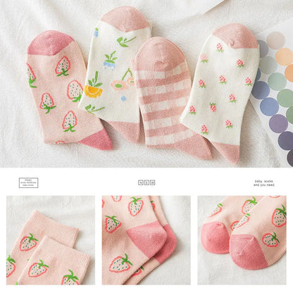 Japanese Harajuku Style Kawaii Woman Socks Cotton with Strawberry and Flower Funny and Pink Socks Women 121702