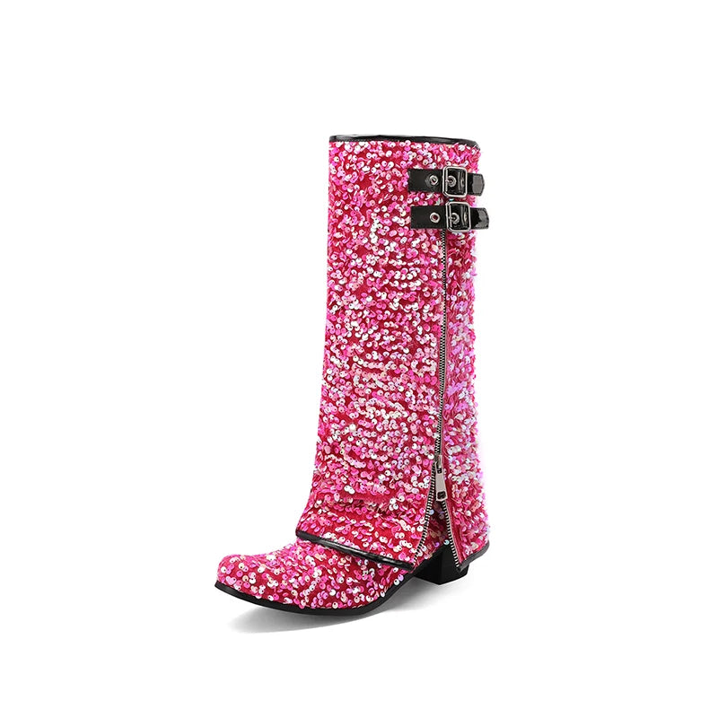 Circle Glitter Flipped Zipper Mid-Calf Boots