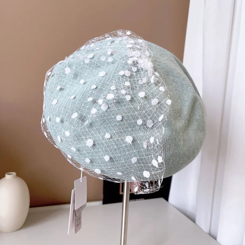 Beret hat women pearl net yarn painter hat