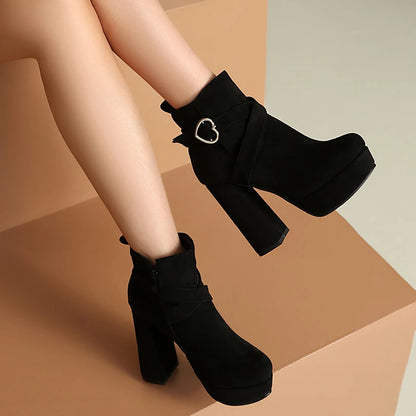 Cross Thin Heart-Shaped Metal Decoration Cow Suede Women's Short Boots Platform High Thick Heel Side Zipper New Ankle Boots