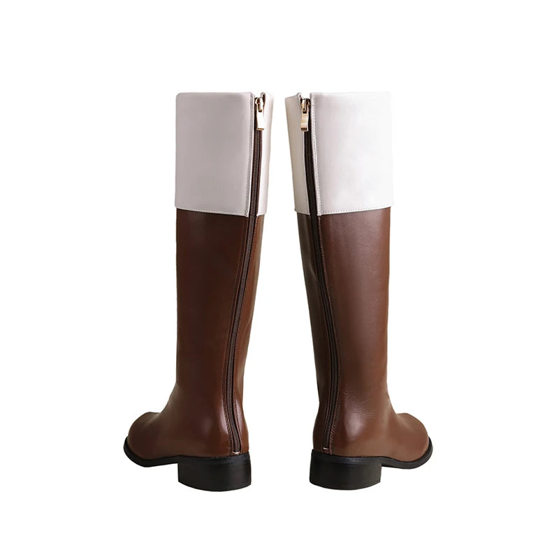 Plus Size Flanged PU Round Toe Mid Heel Zipper Knight Boots Brown Color Blocked White Women's Knee High Boots