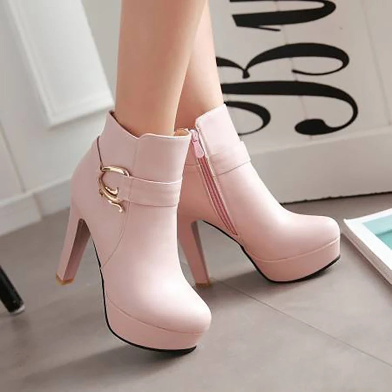 Gold Metal Belt Buckle Side Zipper Super High Thick Heel Short Boots Short Plush Lining Simple Fashion Women's Boots