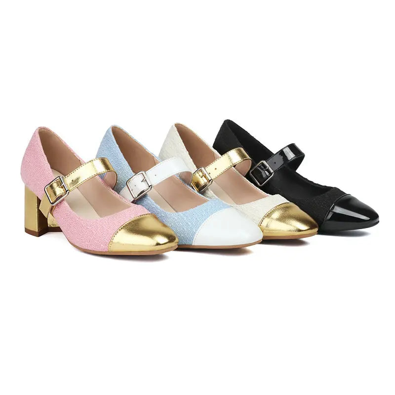 Plus Size 34-48 Gold White Mix Color Patchwork Buckle Belt Luxury Women Pumps Square Chunky High Heeled Shoes Heels Mary Janes