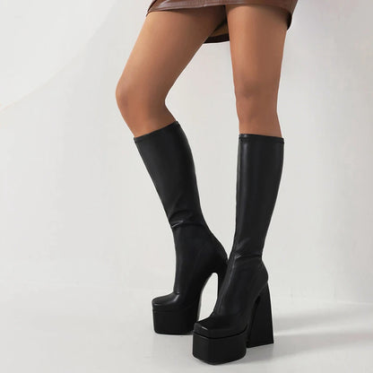 Square Toe Ultra-High Shaped Tapered Heel Slip On Elastic Boots With High Waterproof Tablecloth Lining For Women's Knee Boots