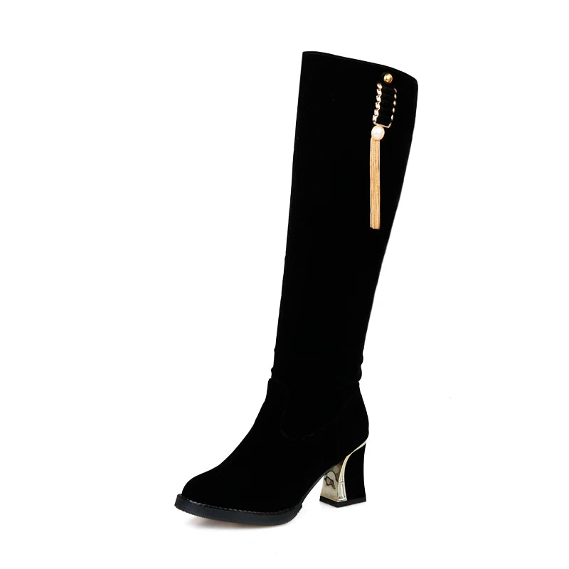 2024 Metal Tassels Pearls Cute And Sweet Women's Knee-High Boots Frosted Flock Thick Heels Slip On Winter Long Boots