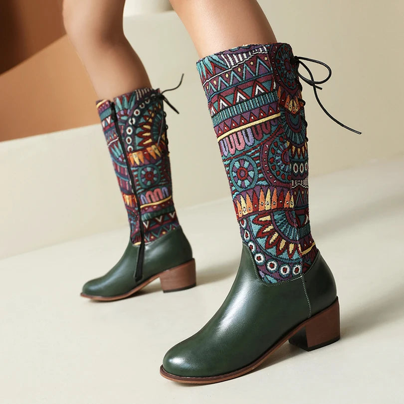 Plus Size Ethnic Style Pattern Printed Fabric Splicing PU Long Boots Cross Tie Straps Zippers Wood Grain Thick Heel Knee Boots