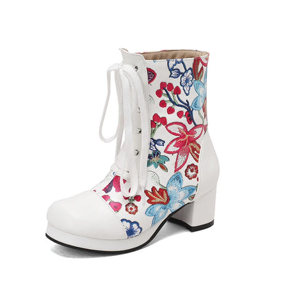 Embroidered Flower Lace Up Women's Short Boots With Round Toe Waterproof Platform Print, Simple Casual Boots With Medium Heels