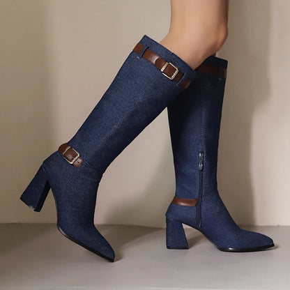 Plus Size Round Metal Belt Buckle Denim Material Knight Boots With Pointed High Thick Heels Women's Knee High Boots