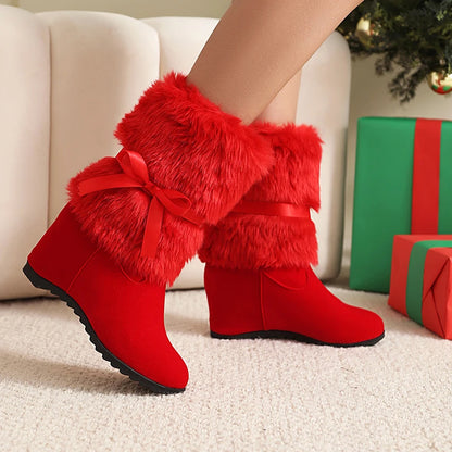 Fur Splicing Frosted Velvet Fine Belt Bow Flat Bottom Slope Heel Thick Plush Lining Mid-calf Boots Height Increasing Inside Boot