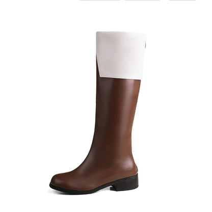 Plus Size Flanged PU Round Toe Mid Heel Zipper Knight Boots Brown Color Blocked White Women's Knee High Boots