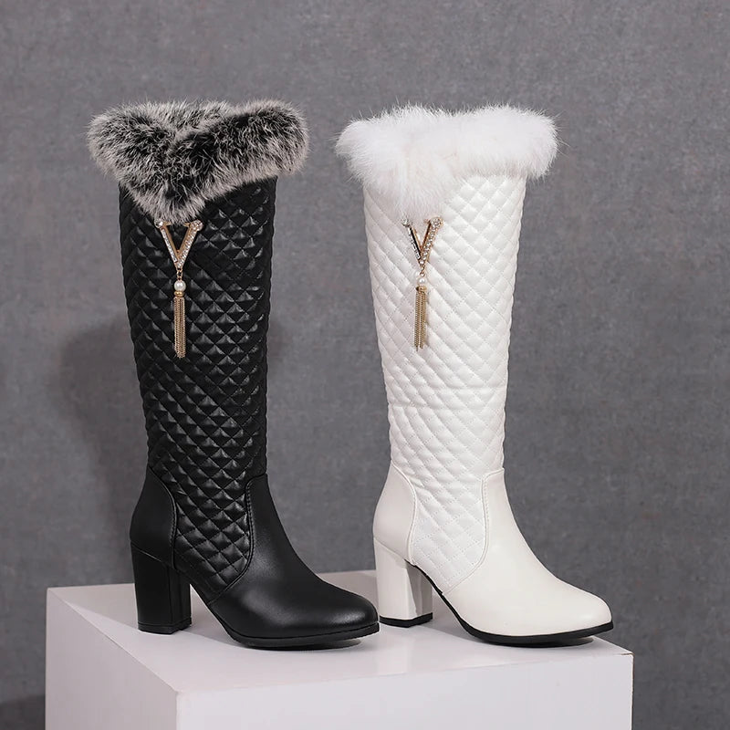 Plus Size Fur Raised Checker Pattern Women's Knee Length Boots Thick Heel Thick Plush Inner Metal Chain Pearl Snow Boots