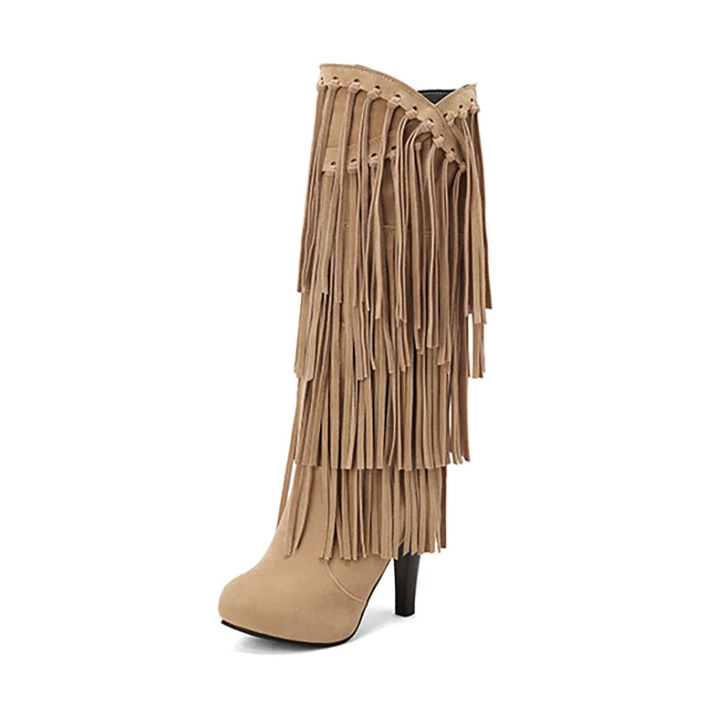 New High-Heeled V-Neck Fringed Women's Boots