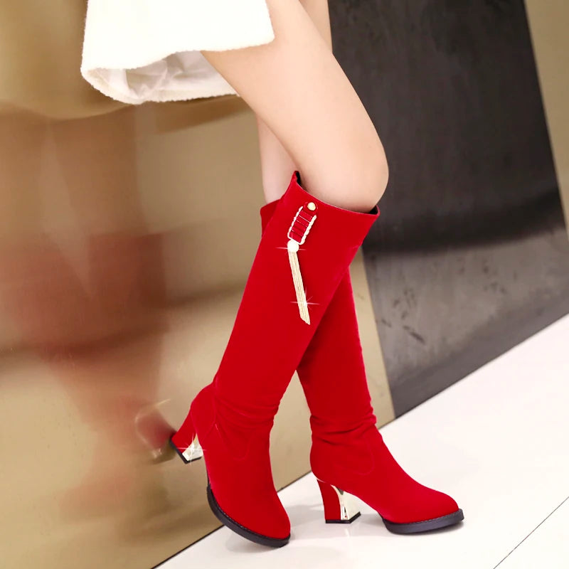 2024 Metal Tassels Pearls Cute And Sweet Women's Knee-High Boots Frosted Flock Thick Heels Slip On Winter Long Boots