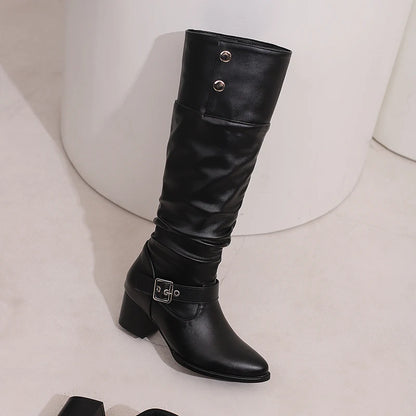 Plus Size Flipped Rivet Ankle Metal Buckle Retro Knight Boots Pointed Toe Thick Heel Frosted Velvet Material Knee High Boots