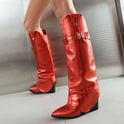 Plus Size Pearlescent Fantasy PU Metal Belt Buckle Stripe Runway Boots With Pointed Tips Extra High Thick Heels Knee High Boots