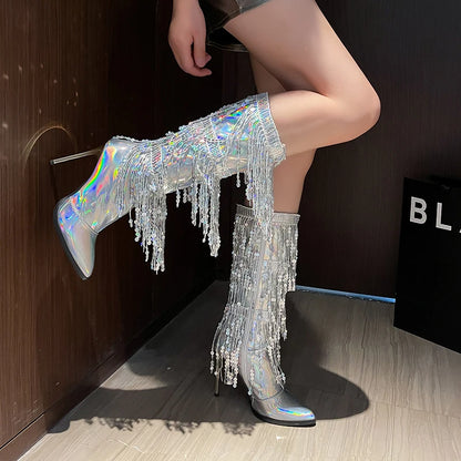 Plus Size Bright Laser Pattern Patent Leather Rhinestone Fringed Catwalk Boots Pointed Toe High Metal Stiletto Heel Knee Boots