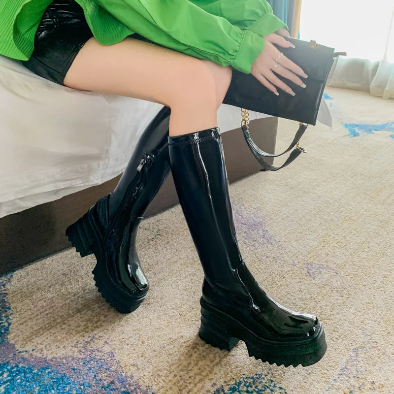 Bright Patent Leather Material Square Toe Super High Thick Bottom Zipper Women's Knee High Waterproof Platform Warm Boots