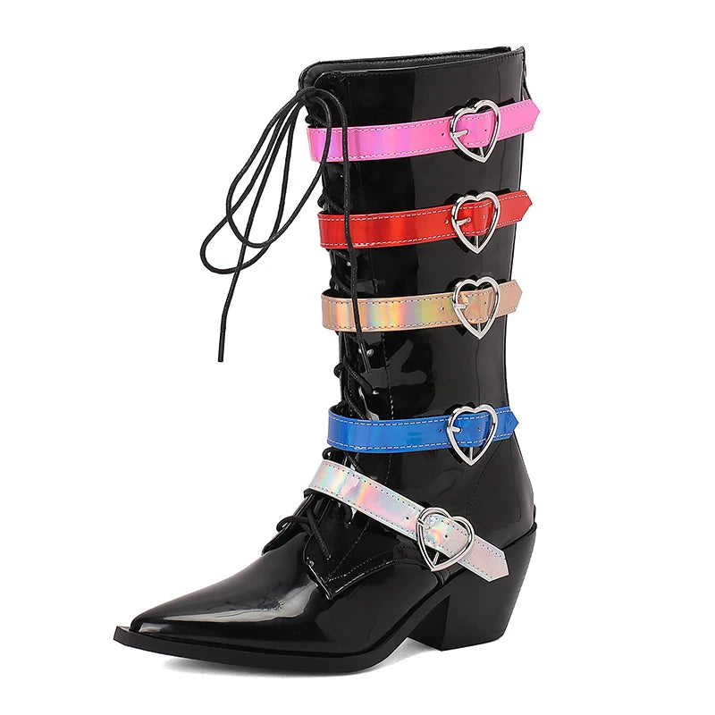 Plus Size Five Row Heart-Shaped Metal Belt Buckle Pointed Cone Wood Grain Thick Heel Cross Tie Zipper Punk Style Mid-calf Boots