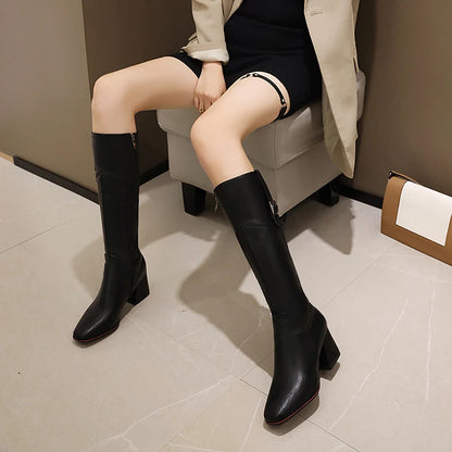 Plus Size Square Toe Thick Heel Side Zipper Metal Belt Buckle Classic Retro Knight Boots Autumn And Winter New Knee High Boots