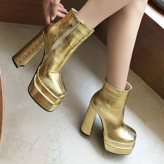 Crocodile PU Skin Leather Gold Silver Square Toe Zip Up Women Ankle Chelsea Boots Block High Heels Platform Concise Shiny Shoes