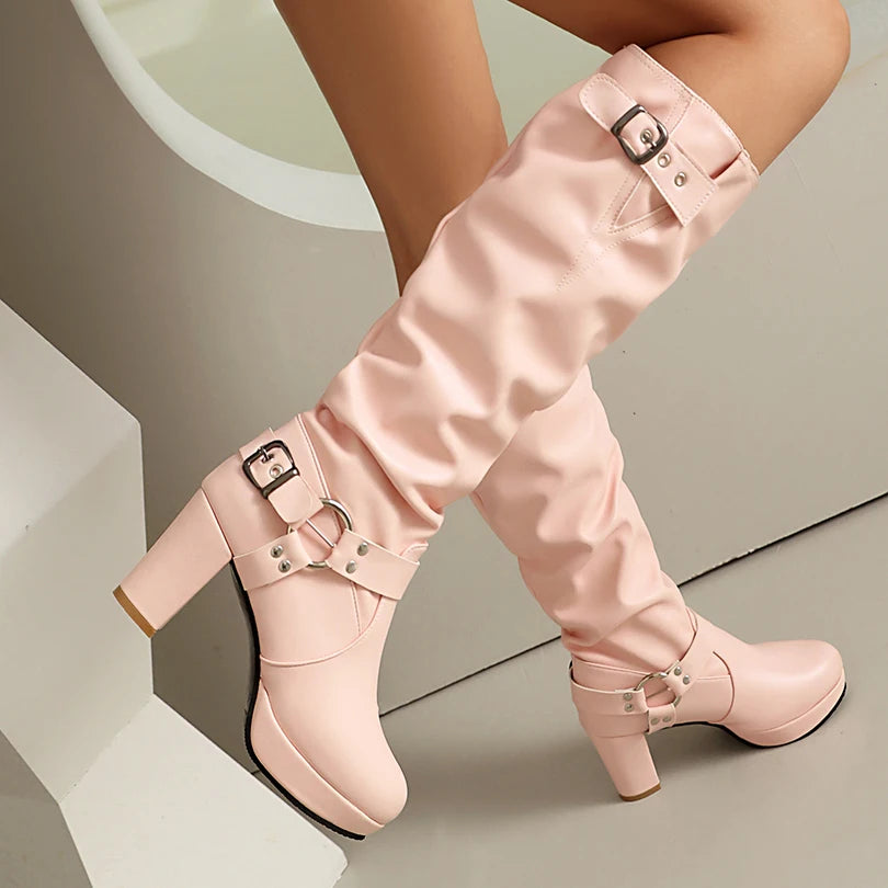 Plus Size Round Metal Belt Buckle Round Toe Super High Thick Heel Women's Knee High Boots Platform Slip-On Thick Plush Warm Boot