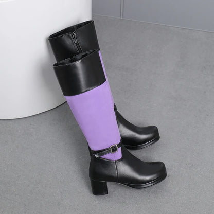 2024 Plus Size Float Patchwork PU Side Zipper Women's Knee Length Boots With Round Toe Thick Heels And Color Matching Boots