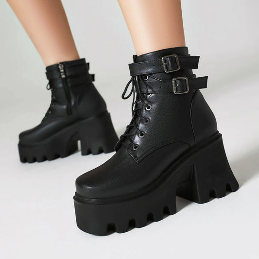 Cross Lace Up Double Row Metal Square Buckle Punk Style Street Trend Women's Boots With Side Zipper Thick Soles Elevated Shoes