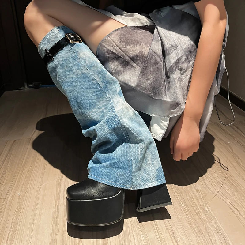 Plus Size Belt Buckle Denim Super Platform Knee Boots Square Toe Tapered Thick Heel Denim Stitching PU Catwalk Women's Boots