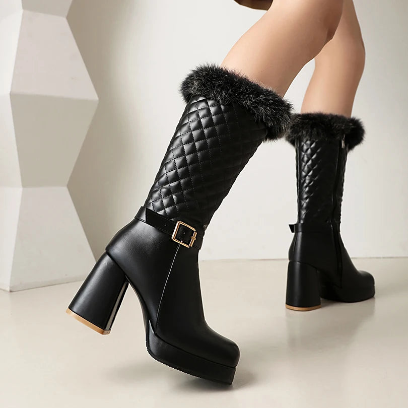 Plus Size Fur Patchwork PU Checkered Ankle Belt Buckle Side Zipper Fashion Boots Square Toe Super High Thick Heel Warm Boots