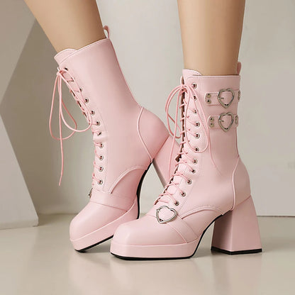 Plus Size Heart-Shaped Metal Buckle Rivet Strap Mid-Tube Boots Square Toe Platform Super Irregular Thick Heel Warm Lace-Up Boots