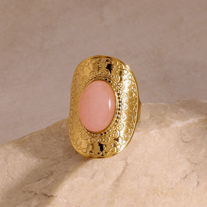 Youthway Gold Plated Stainless Steel Green&Pink Stone Hammer Pattern Oval Ring For Unisex Fashion Ethnic Waterproof Jewelry Gift