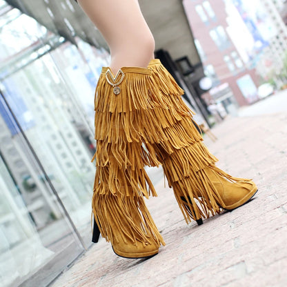 2024 Round Toe Platform Ultra-High Thick Heel Frosted Flock Material Tassel Women's Knee-high  Boots Metal Decoration Warm Boots