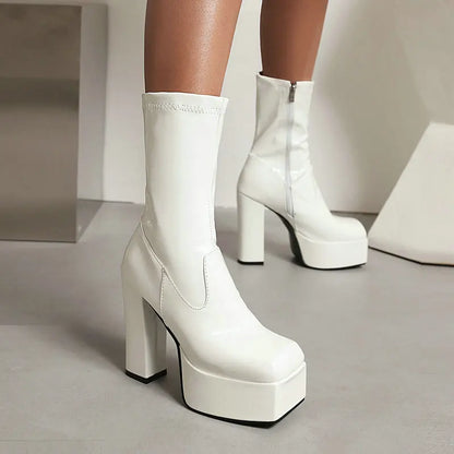 Oversize 46 47 48 Square Toe Block High Heels Sexy Lady Shoes Platform Women Overknees White Purple Leg Warmers Stretch Boots