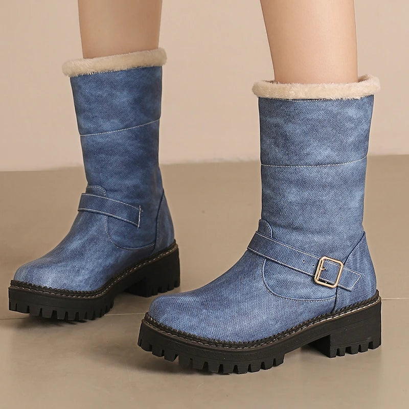 Fur Splicing PU Slip On Denim Leather Sweet Snow Boots