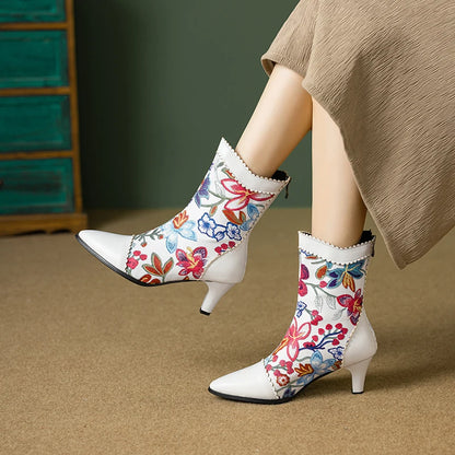 Plus Size Ruffle Edge Embroidered Flower Pointed Cat Heel Mid-calf Boots Printed Back Zipper Ethnic Style Autumn Winter New Boot