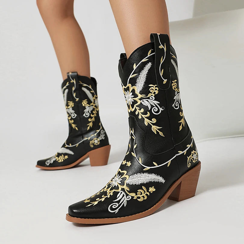 Plus Size Metal Leather Microfiber Upper Embroidered Thick Heel Fashionable New Mid-Calf Boots Breathable Western Boots