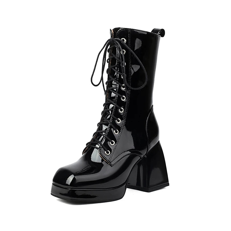 Plus Size Patent Leather Cross Tie Women's Mid-Calf Boots Square Toe Platform Ultra-High Thick Heel Thick Plush Lining Warm Boot