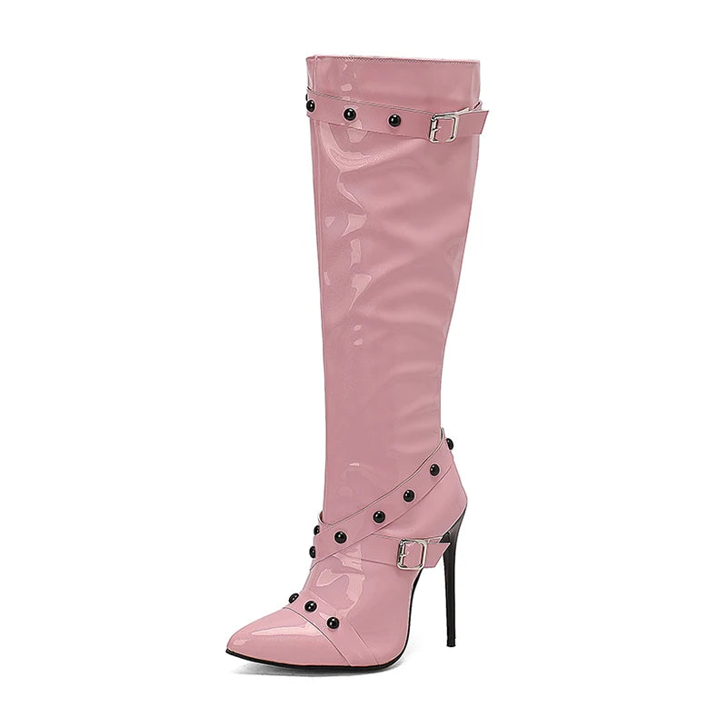 Plus Size Cross Fine Strap Buckle Rivet Side Zipper Pointed Ultra-High Slim Heel Knee Boots Punk Style Belt Buckle New Boots