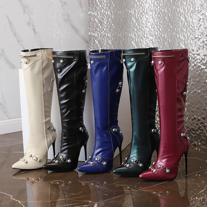 Plus Size Rivet Metal Zipper Decoration Punk Sexy Knee High Boots Pointed Tips Ultra-High Thin Heels Plush Women's Boots 2024