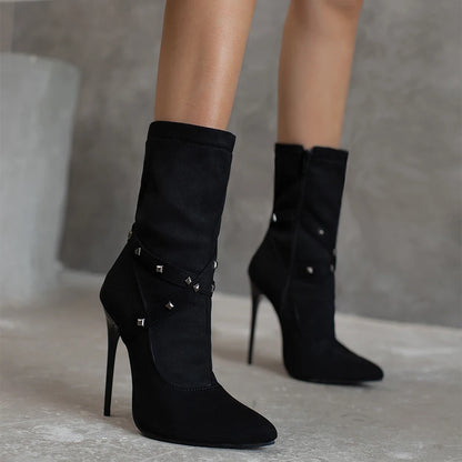 Plus Size Pointed Toe Super Stiletto Sexy Sock Boots Cross Strap Metal Rivets Decorated Side Zip Plush Lining Winter Mid Boots