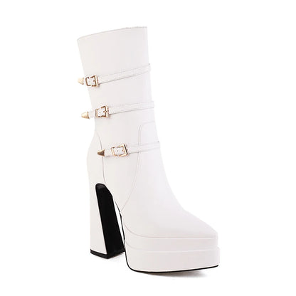 Three-Row Metal Belt Buckle Ultra-High Profiled Hollow Heel Catwalk Women's Boots Pointed Toe Three-Layer Platform Mid-Boots