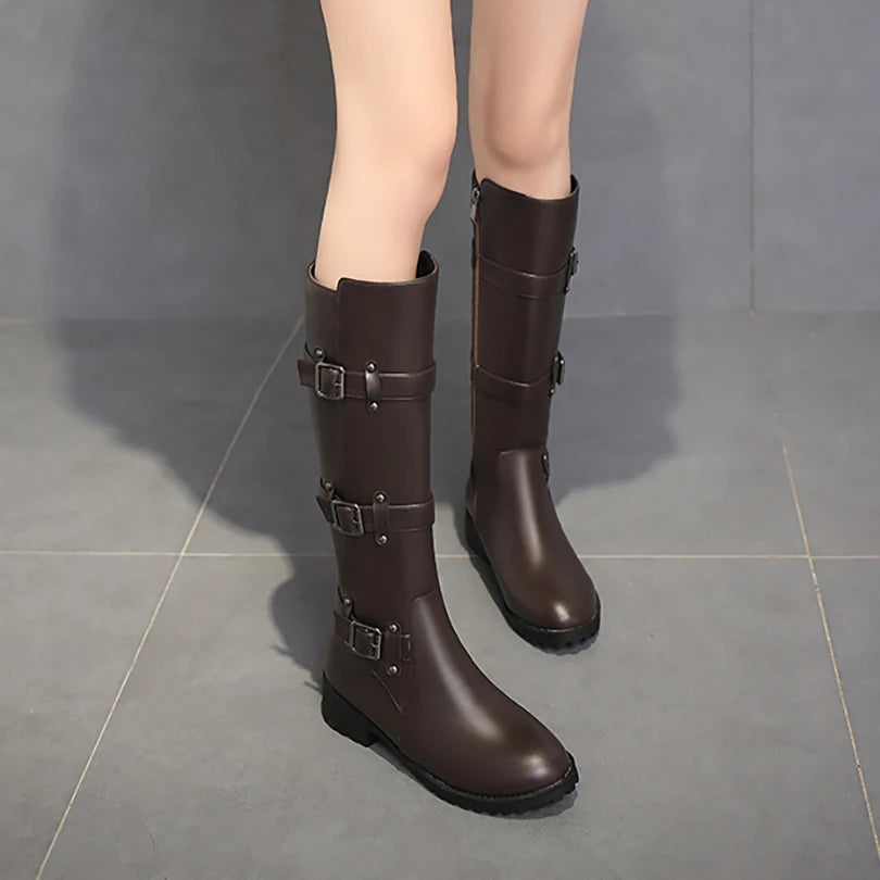 Plus Size Three Row Metal Belt Square Buckle Rivets Classic Retro Style Knight Boots Side Zipper Knee High Boots New Spring 2024