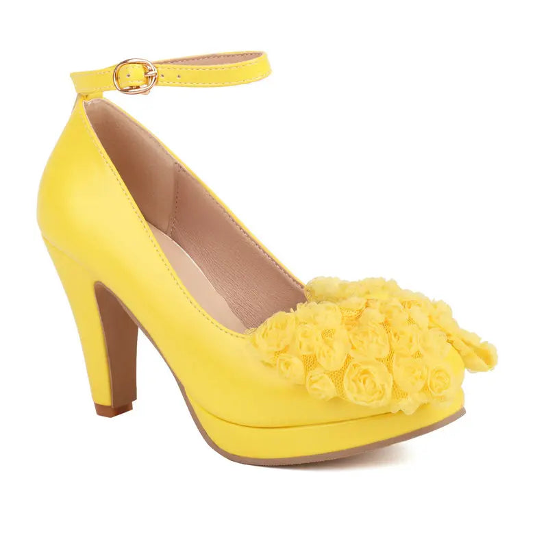 Plus Size 34-48 Bright Yellow Blue Round Toe Lady Mary Janes Shoes Spike High Heels Stiletto Women Pumps With Lace Flower Bowtie