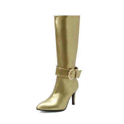 Plus Size Ankle Metal Belt Buckle Decorative Side Zipper Women's Knee Long Boots Pointed Tip Super High Heels Sexy Long Boots