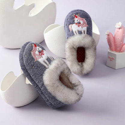 Evshine Children Winter Warm Plush Cotton Shoes Lovely Animals Fur Fuzzy Home Slippers Indoor Anti-slip Comfortable Furry Slides